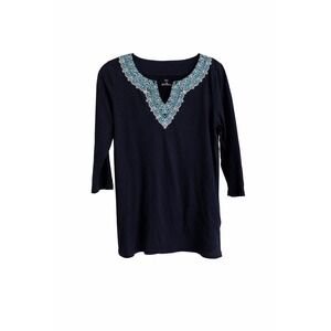 Talbots Embroidered 100% Cotton Top Aqua White 3/4 Sleeve Size MP
